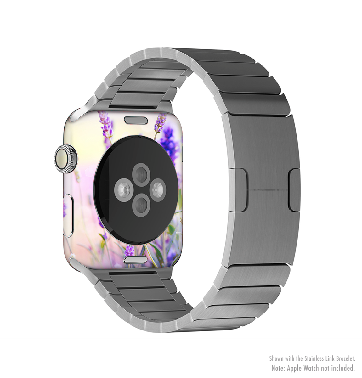 The Lavender Flower Bed Full-Body Skin Kit for Apple Watch, featuring a vibrant floral design that wraps around the device for protection and style.