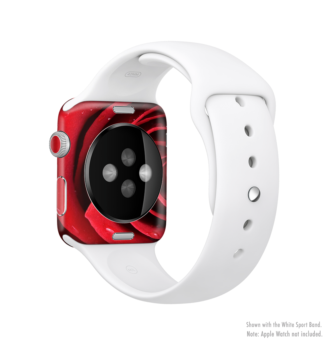 Layered Red Rose Full-Body Skin Kit for Apple Watch, showcasing a vibrant floral design on a sleek watch surface.