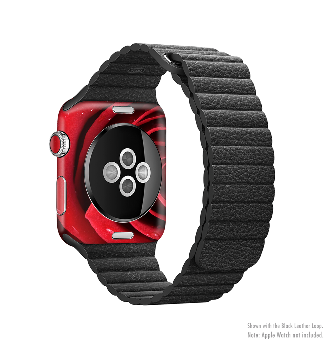 Layered Red Rose Full-Body Skin Kit for Apple Watch, showcasing a vibrant floral design on a sleek watch surface.