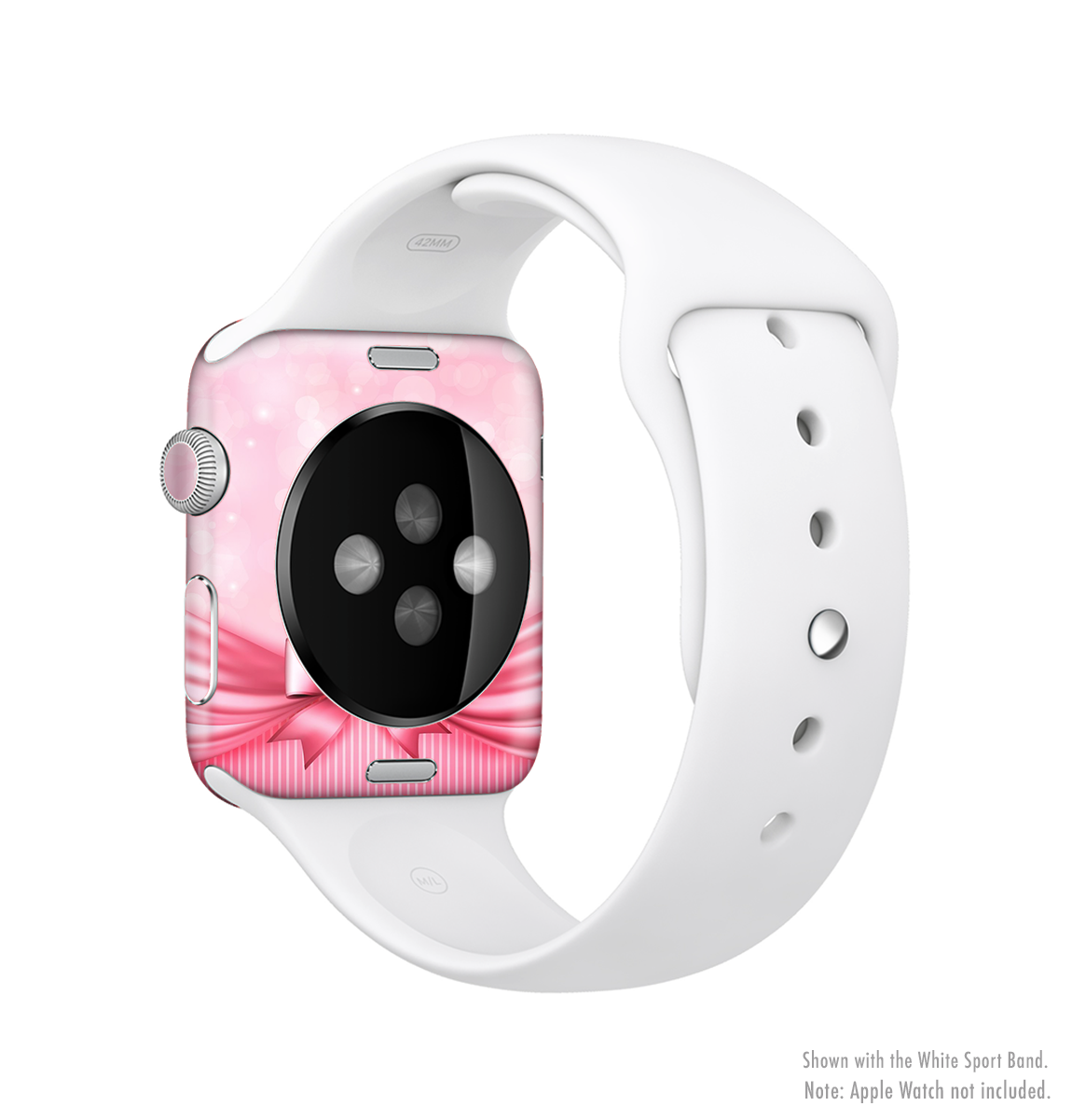 The Magical Pink Bow Full-Body Skin Kit for Apple Watch, showcasing a vibrant pink bow design on a sleek vinyl surface.