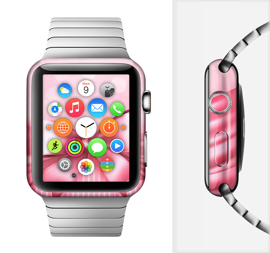 The Magical Pink Bow Full-Body Skin Kit for Apple Watch, showcasing a vibrant pink bow design on a sleek vinyl surface.