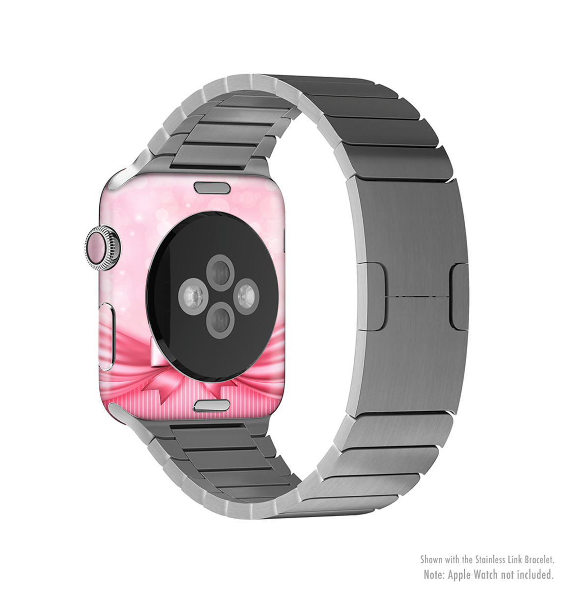 The Magical Pink Bow Full-Body Skin Kit for Apple Watch, showcasing a vibrant pink bow design on a sleek vinyl surface.