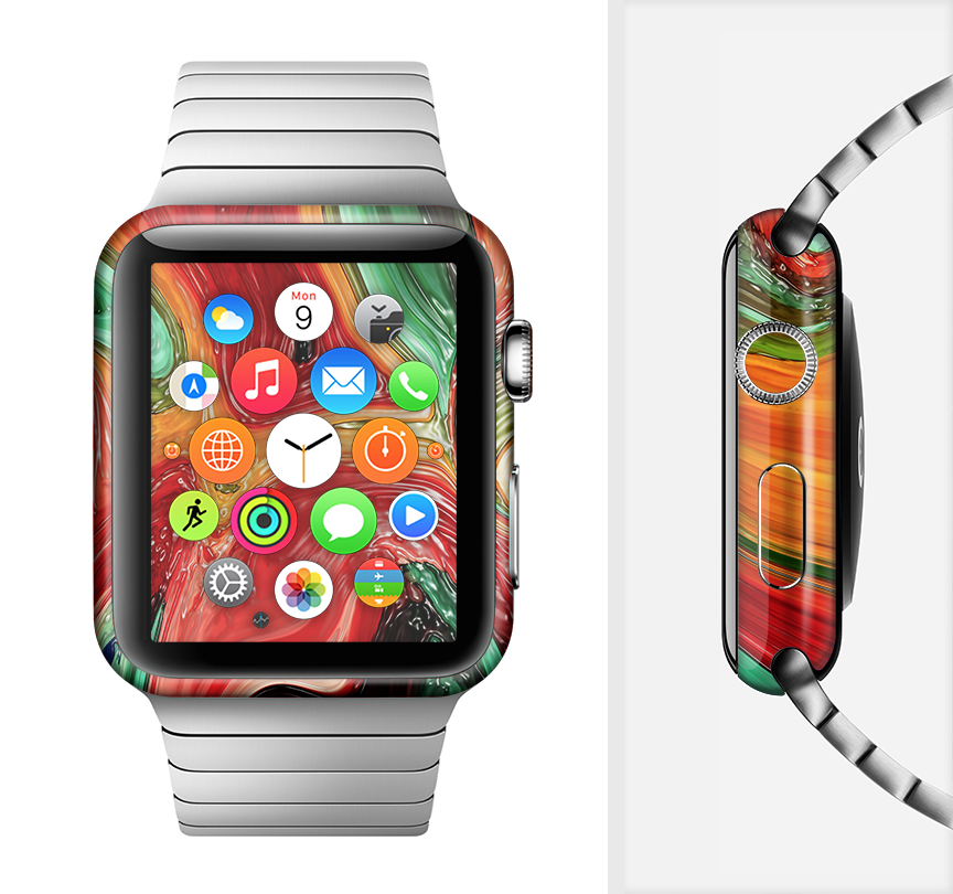 Mixed Orange and Green Paint Full-Body Skin Kit for Apple Watch, showcasing vibrant colors and a sleek design.