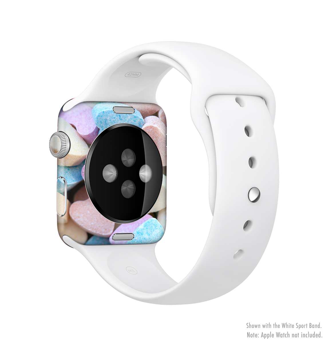 Multicolored Candy Hearts Full-Body Skin Kit for Apple Watch, showcasing vibrant colors and a stylish design.