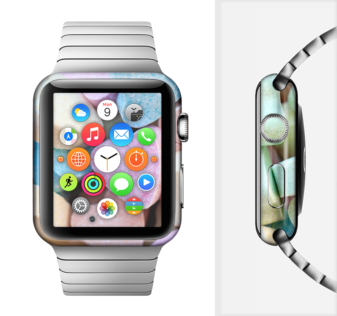 Multicolored Candy Hearts Full-Body Skin Kit for Apple Watch, showcasing vibrant colors and a stylish design.