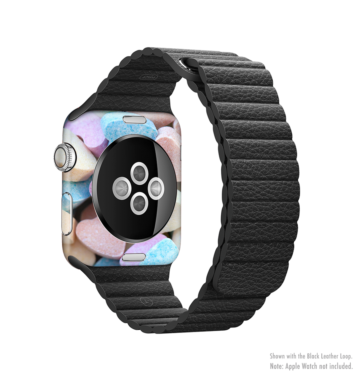 Multicolored Candy Hearts Full-Body Skin Kit for Apple Watch, showcasing vibrant colors and a stylish design.