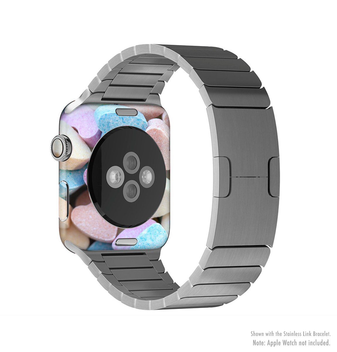 Multicolored Candy Hearts Full-Body Skin Kit for Apple Watch, showcasing vibrant colors and a stylish design.