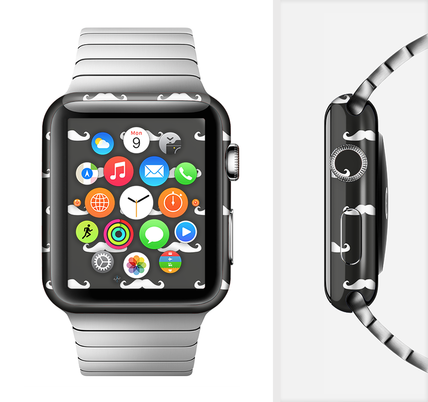The Mustache Galore Full-Body Skin Kit for Apple Watch showcasing its stylish design and premium vinyl material.