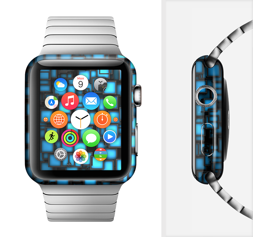 Neon Blue Abstract Cubes Full-Body Skin Kit for Apple Watch, showcasing vibrant colors and sleek design.