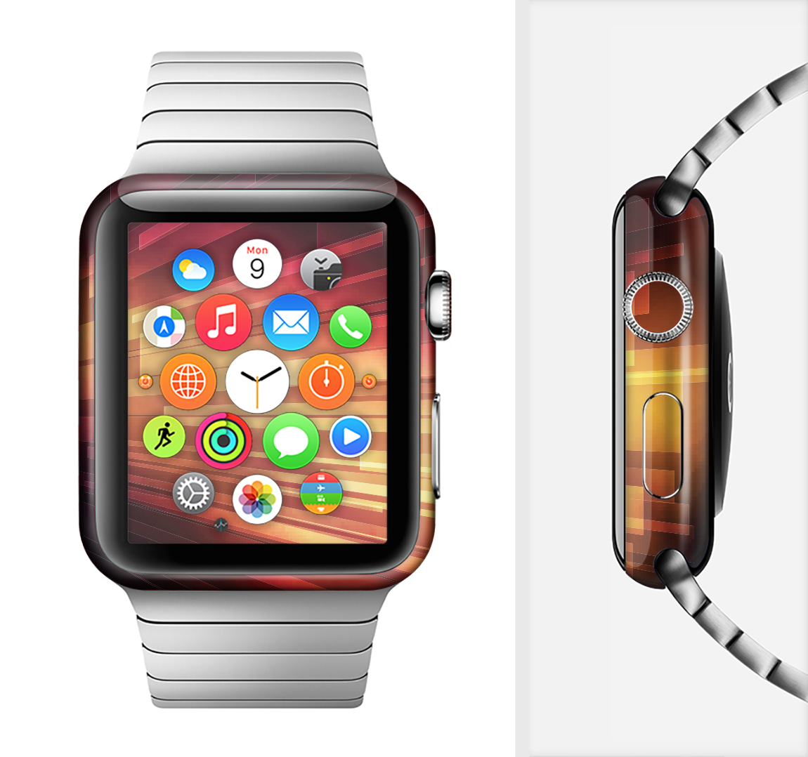 Neon orange 3D rectangles full-body skin kit for Apple Watch, showcasing vibrant design and premium vinyl material.