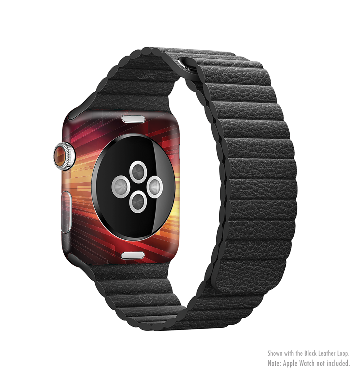 Neon orange 3D rectangles full-body skin kit for Apple Watch, showcasing vibrant design and premium vinyl material.