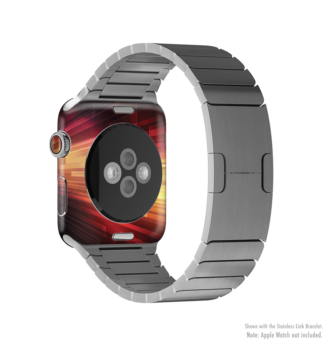 Neon orange 3D rectangles full-body skin kit for Apple Watch, showcasing vibrant design and premium vinyl material.