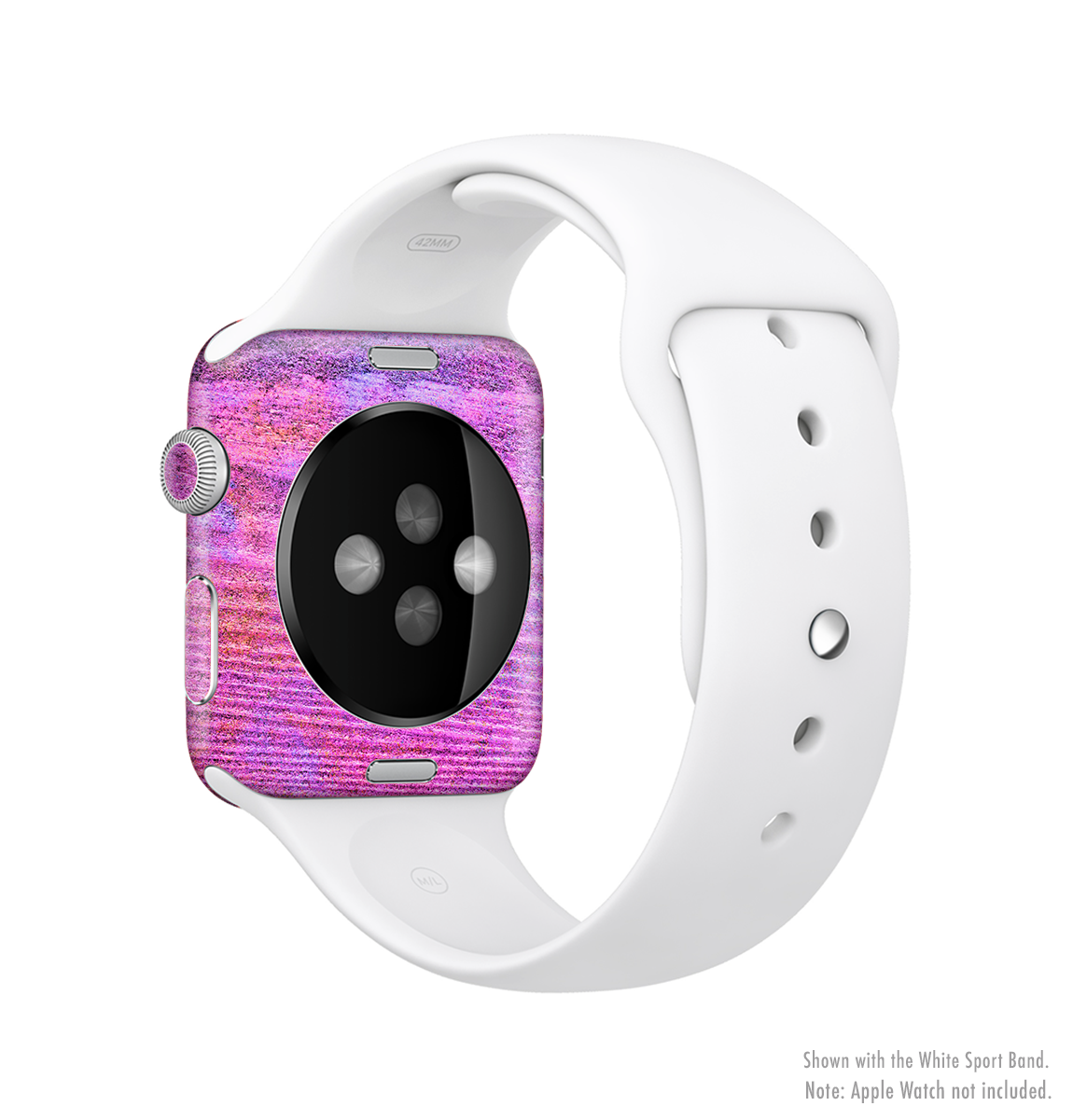 Neon pink dyed wood grain skin kit for Apple Watch, showcasing vibrant color and texture.
