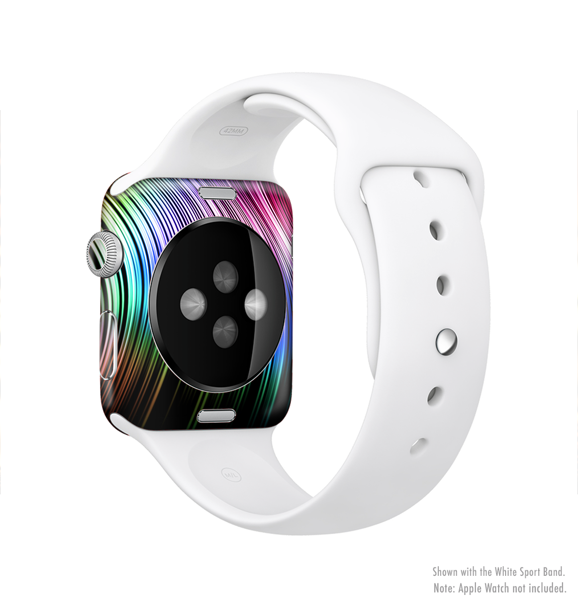 Neon Rainbow Wavy Strips Full-Body Skin Kit for Apple Watch, showcasing vibrant colors and a stylish design.