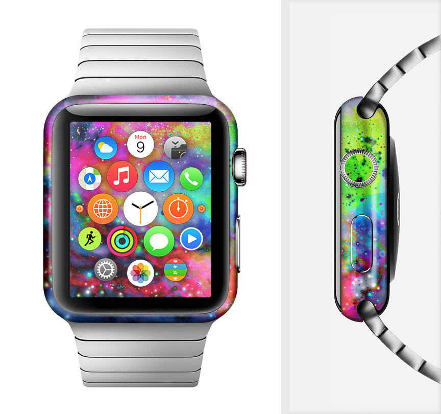 Neon Splatter Universe Full-Body Skin Kit for Apple Watch, showcasing vibrant colors and a sleek design.