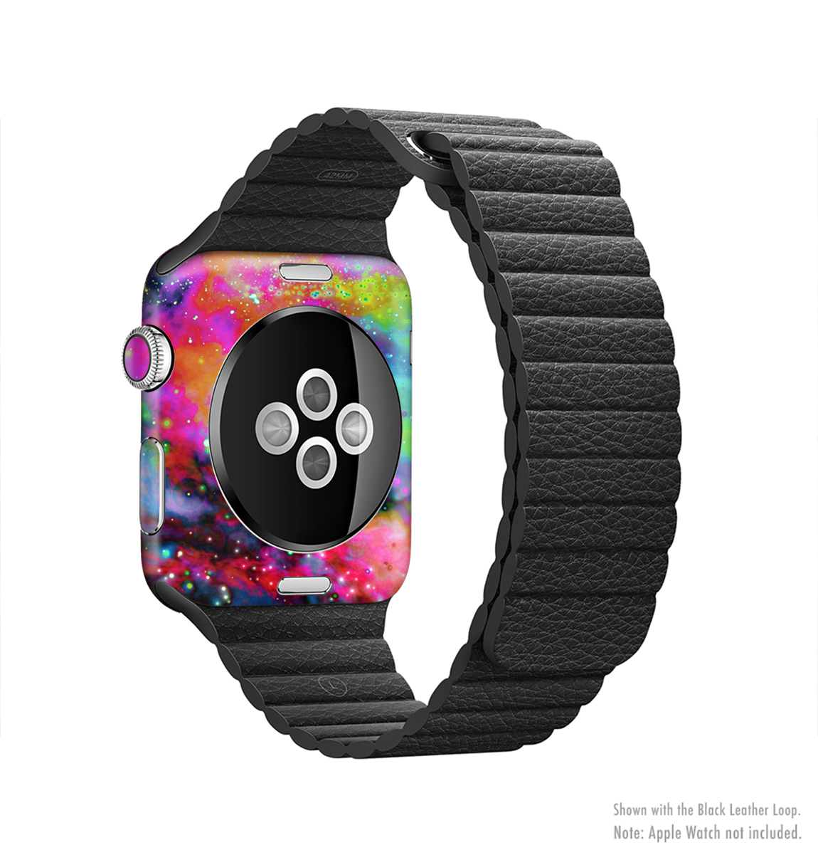 Neon Splatter Universe Full-Body Skin Kit for Apple Watch, showcasing vibrant colors and a sleek design.