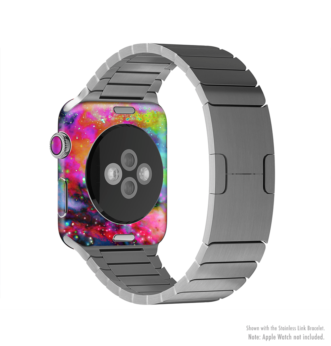 Neon Splatter Universe Full-Body Skin Kit for Apple Watch, showcasing vibrant colors and a sleek design.