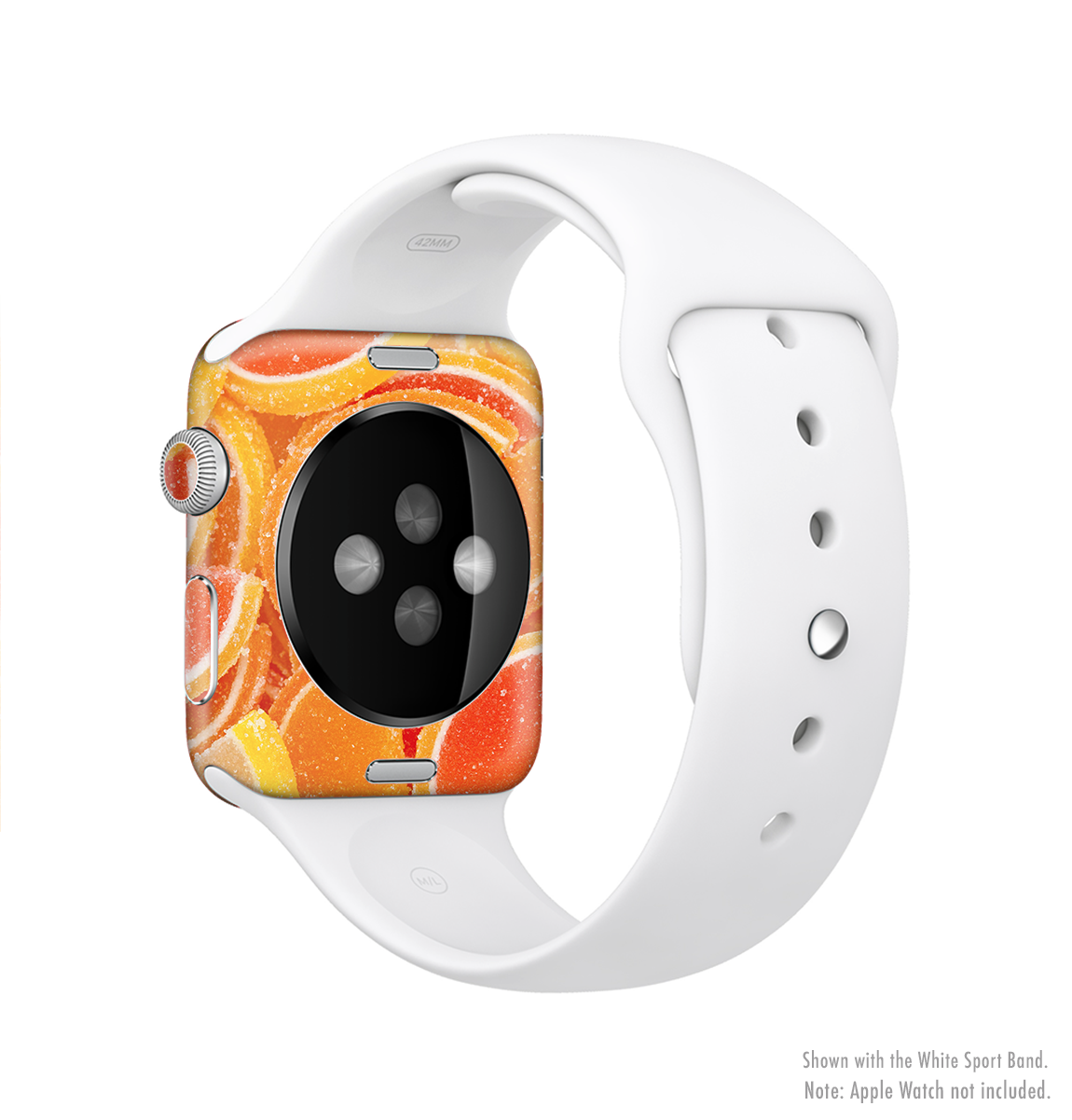 The Orange Candy Slices Full-Body Skin Kit for Apple Watch showcasing vibrant orange design and premium vinyl material.