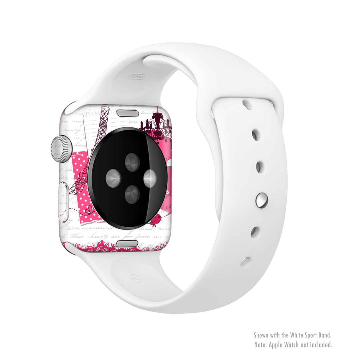 The Paris Pink Illustration Full-Body Skin Kit for Apple Watch, showcasing a vibrant pink design with a smooth finish.