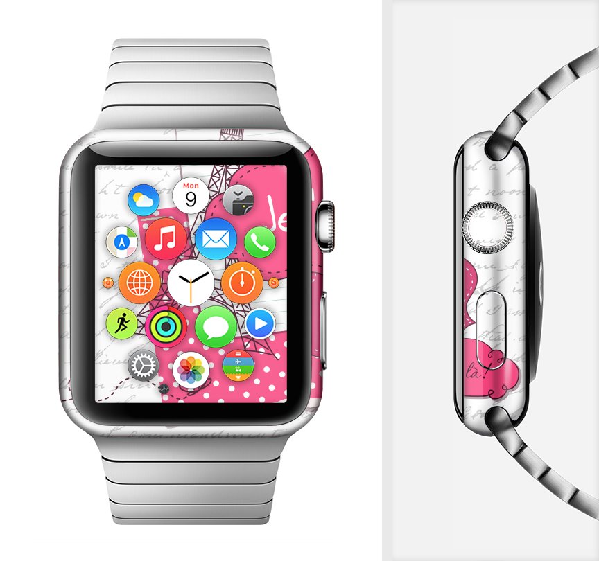 The Paris Pink Illustration Full-Body Skin Kit for Apple Watch, showcasing a vibrant pink design with a smooth finish.