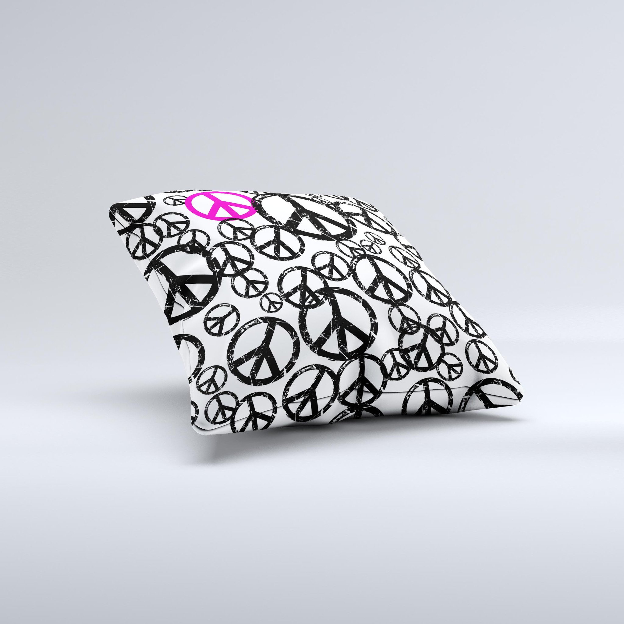 The Peace Collage ink-Fuzed Decorative Throw Pillow featuring a unique handcrafted design, high thread count fabric, and vibrant colors.