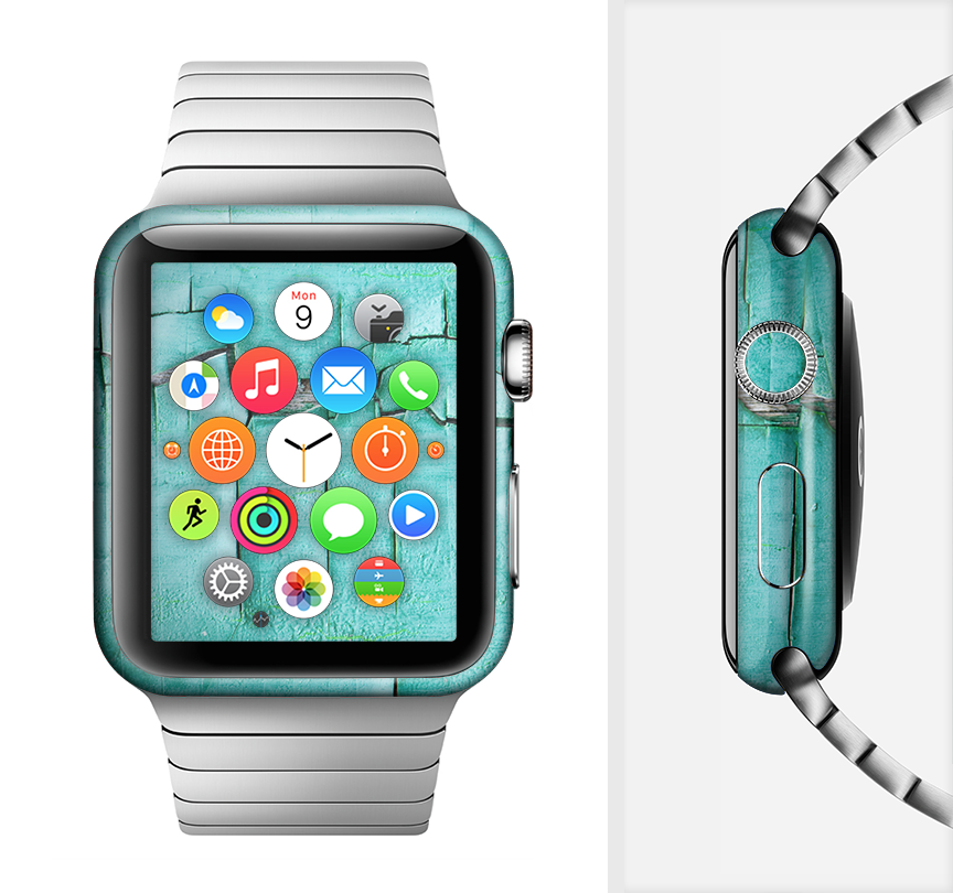 Peeling Teal Paint Full-Body Skin Kit for Apple Watch showcasing vibrant teal color and sleek design.