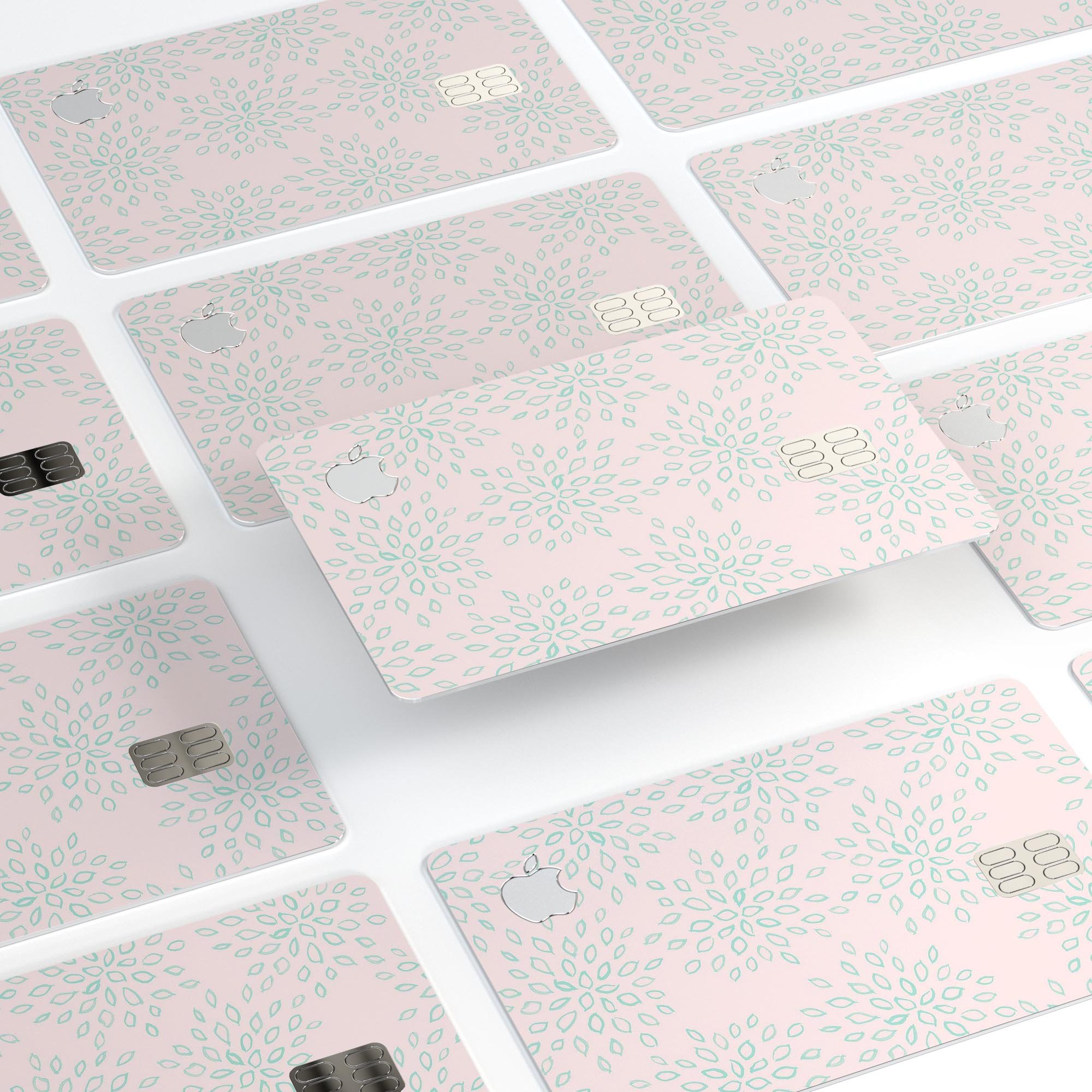 The Pink and Mint Floral Sprout decal skin for Apple Card, showcasing vibrant floral design and premium vinyl material.