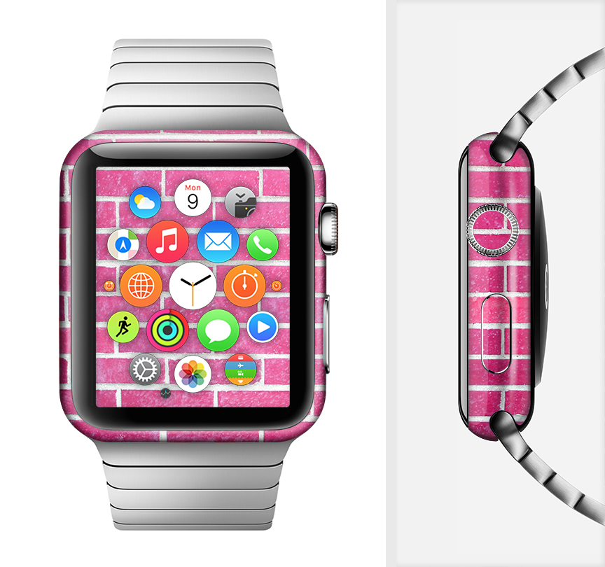 The Pink Brick Wall Full-Body Skin Kit for Apple Watch, showcasing a vibrant pink brick design that wraps around the device for protection and style.