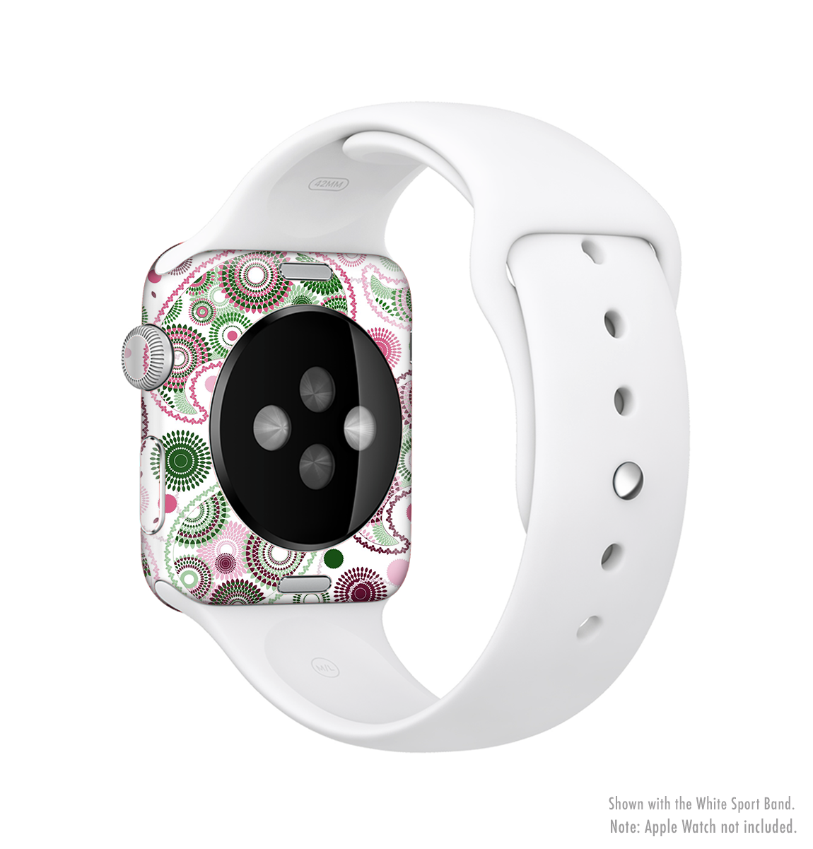 Pink and green floral paisley skin kit for Apple Watch, showcasing vibrant colors and intricate patterns.