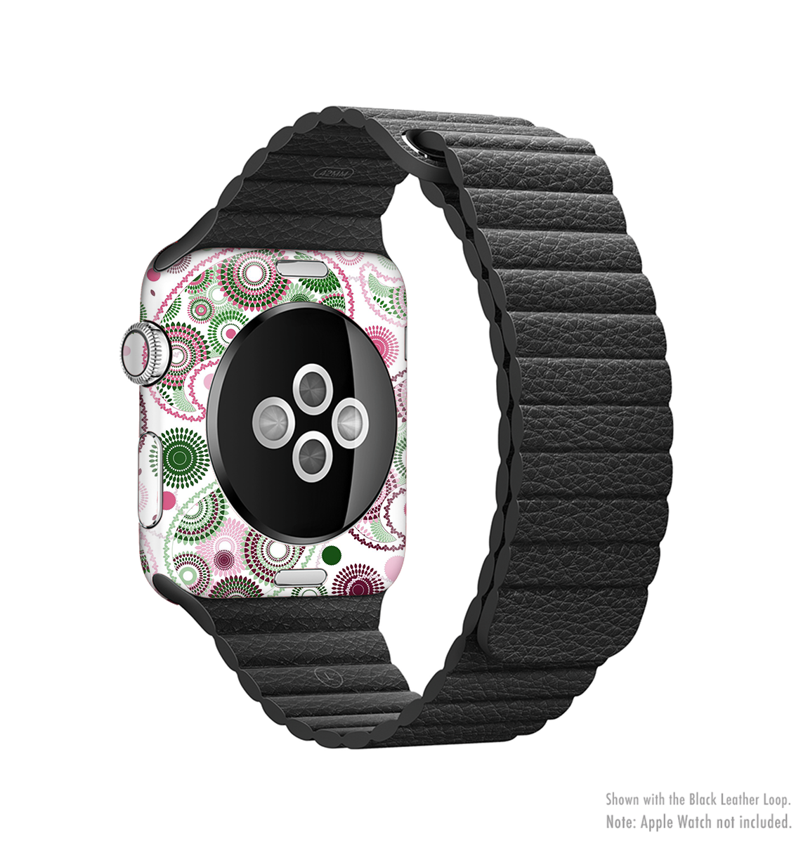 Pink and green floral paisley skin kit for Apple Watch, showcasing vibrant colors and intricate patterns.