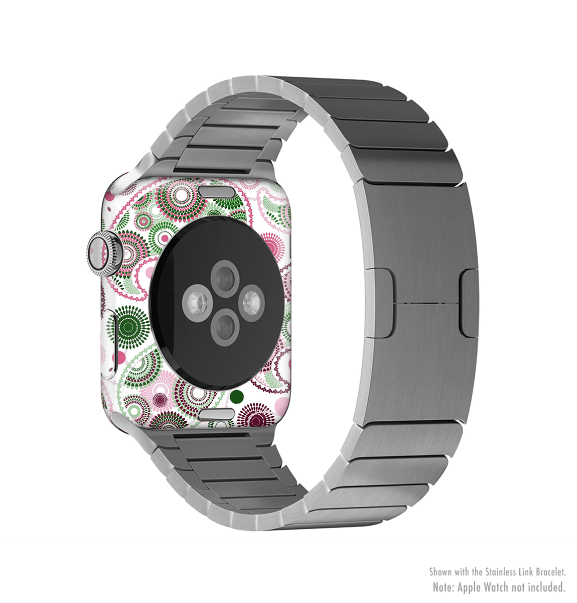 Pink and green floral paisley skin kit for Apple Watch, showcasing vibrant colors and intricate patterns.