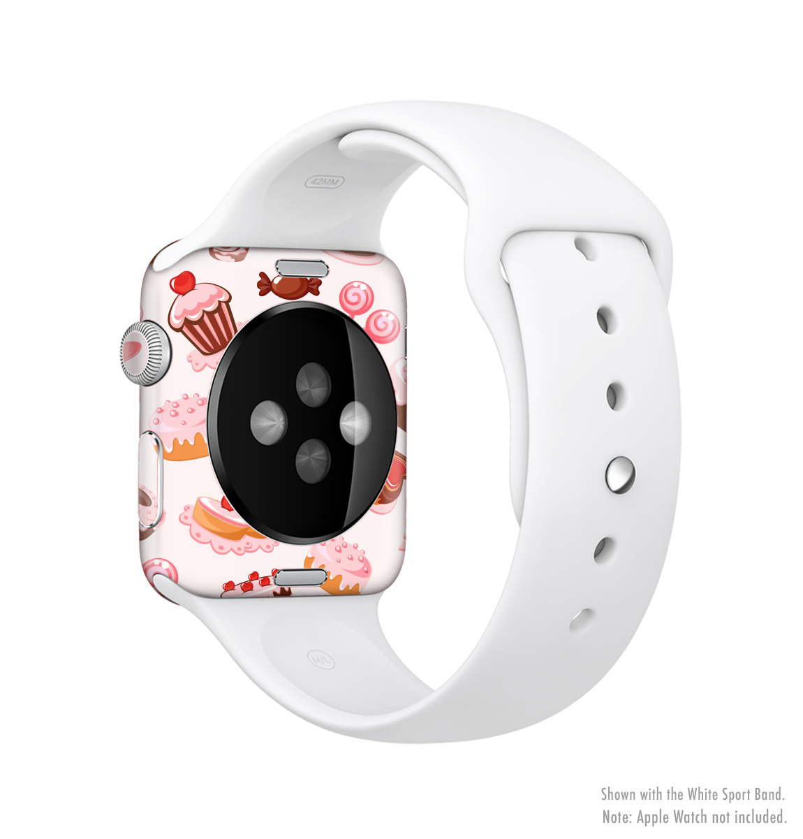 Pink Sweet Treats Pattern Full-Body Skin Kit for Apple Watch, showcasing vibrant colors and a stylish design.