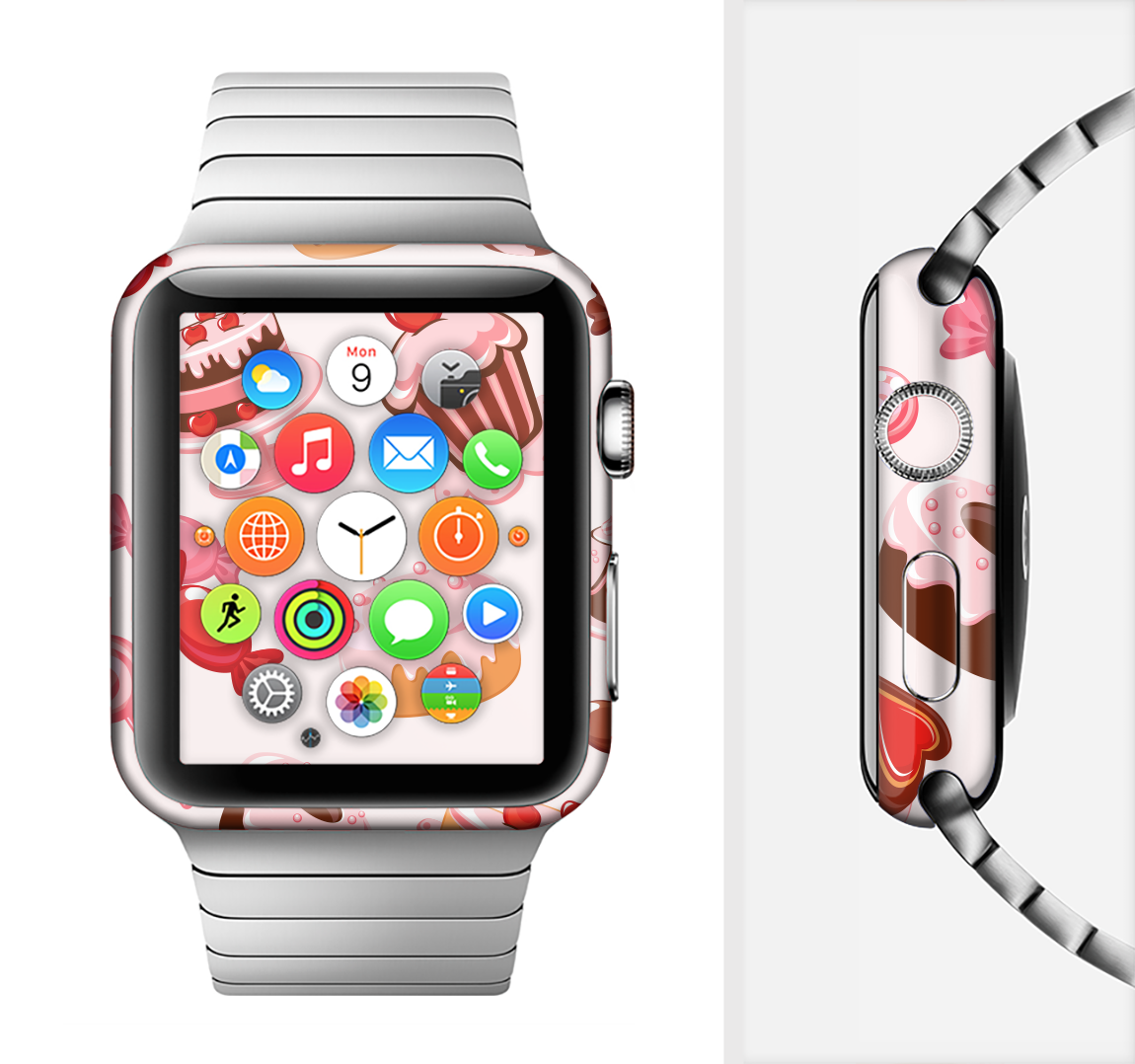 Pink Sweet Treats Pattern Full-Body Skin Kit for Apple Watch, showcasing vibrant colors and a stylish design.
