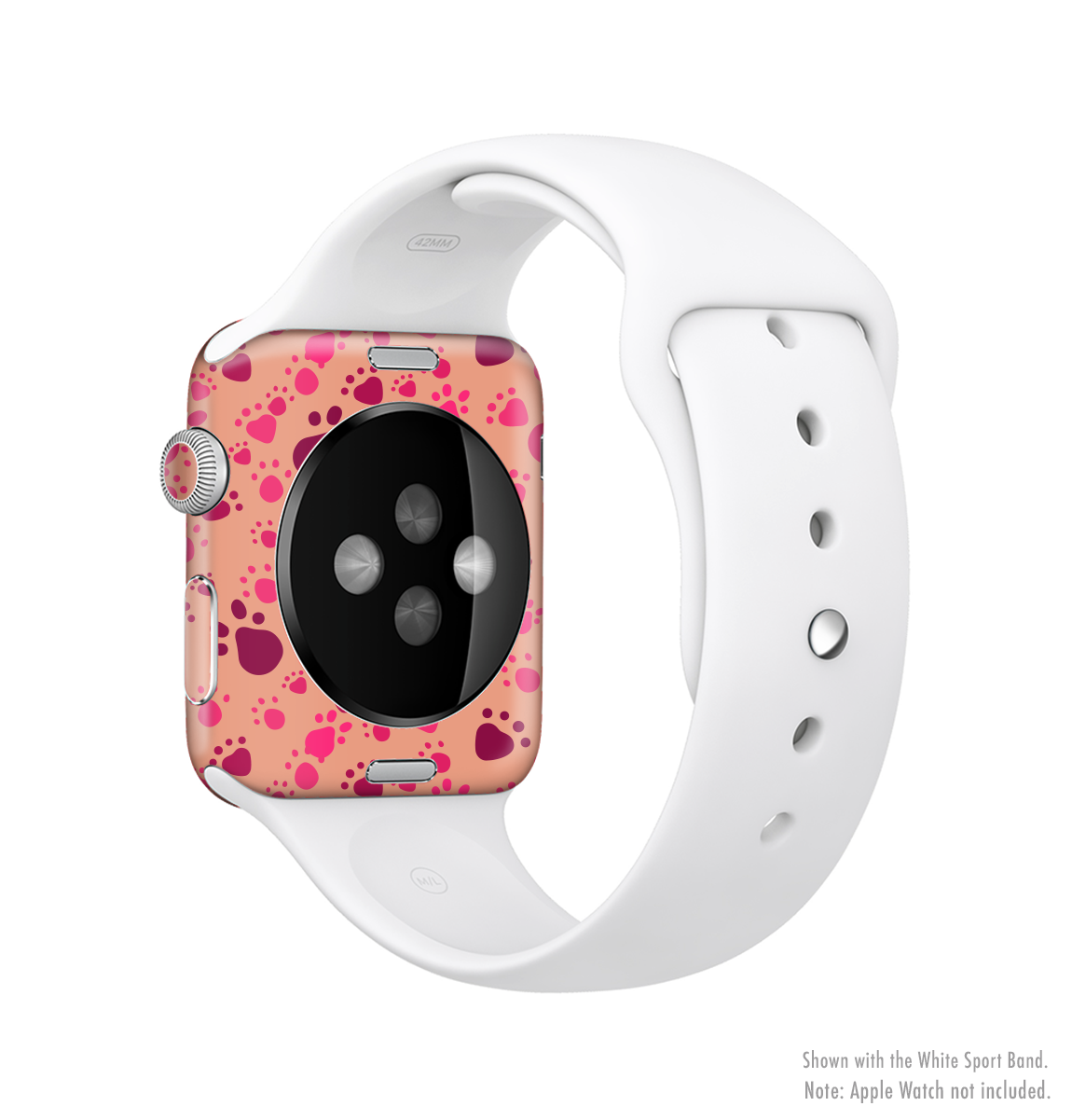 Pink and tan paw prints skin kit for Apple Watch, showcasing a stylish design that protects the device.