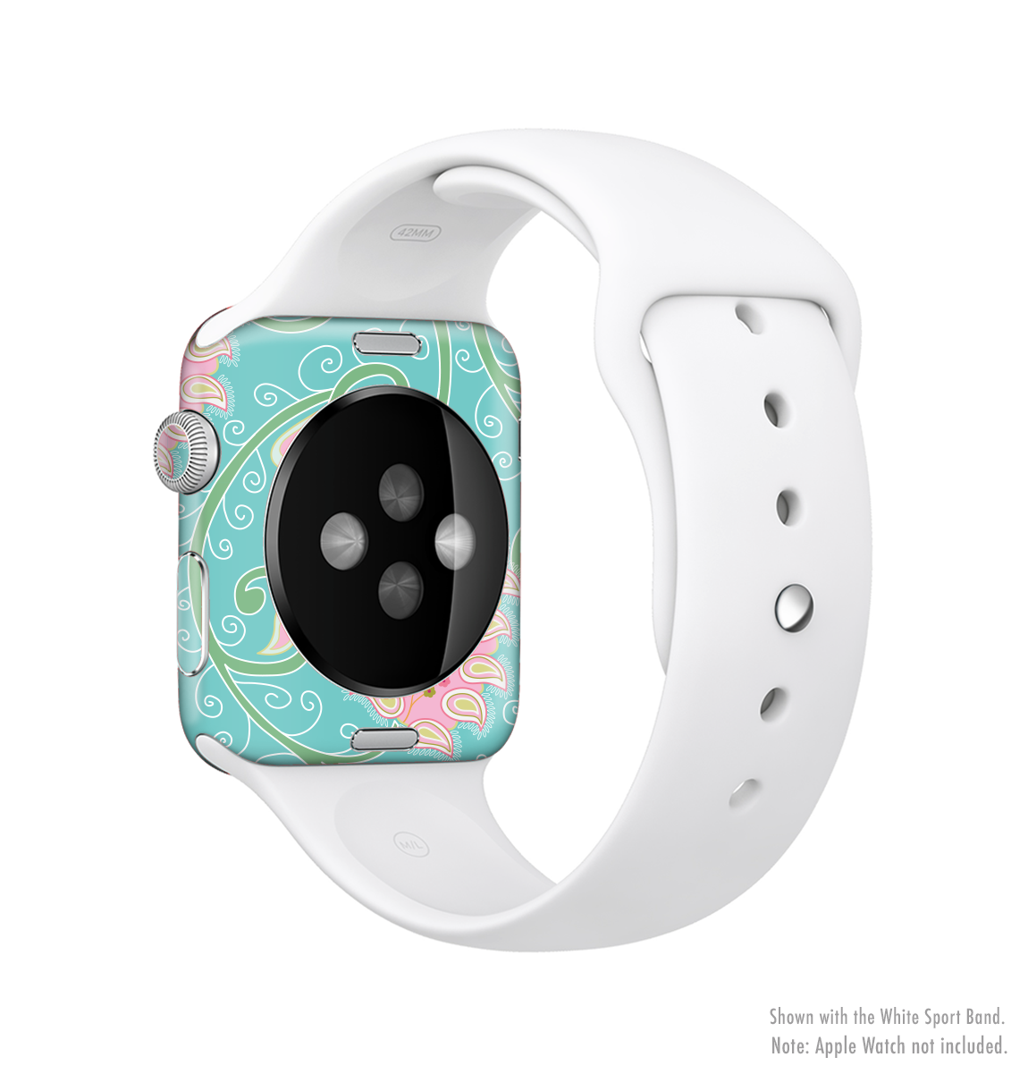 Pink and teal paisley design skin kit for Apple Watch, showcasing vibrant colors and intricate patterns.