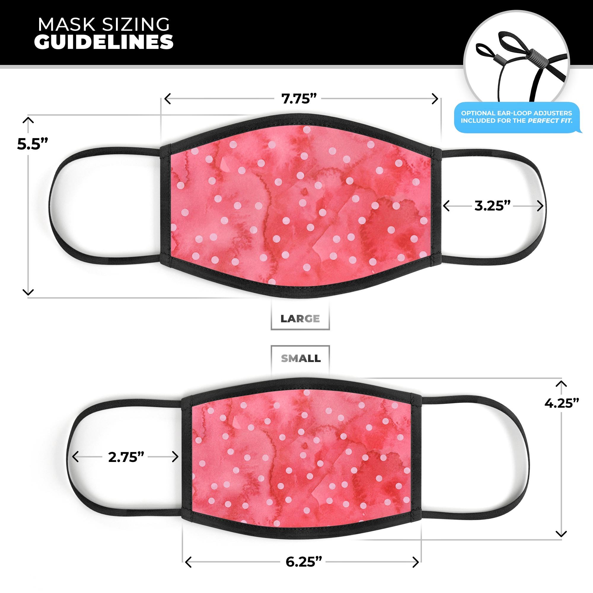 Pink watercolor grunge face mask with polka dots, showcasing vibrant colors and adjustable ear loops.