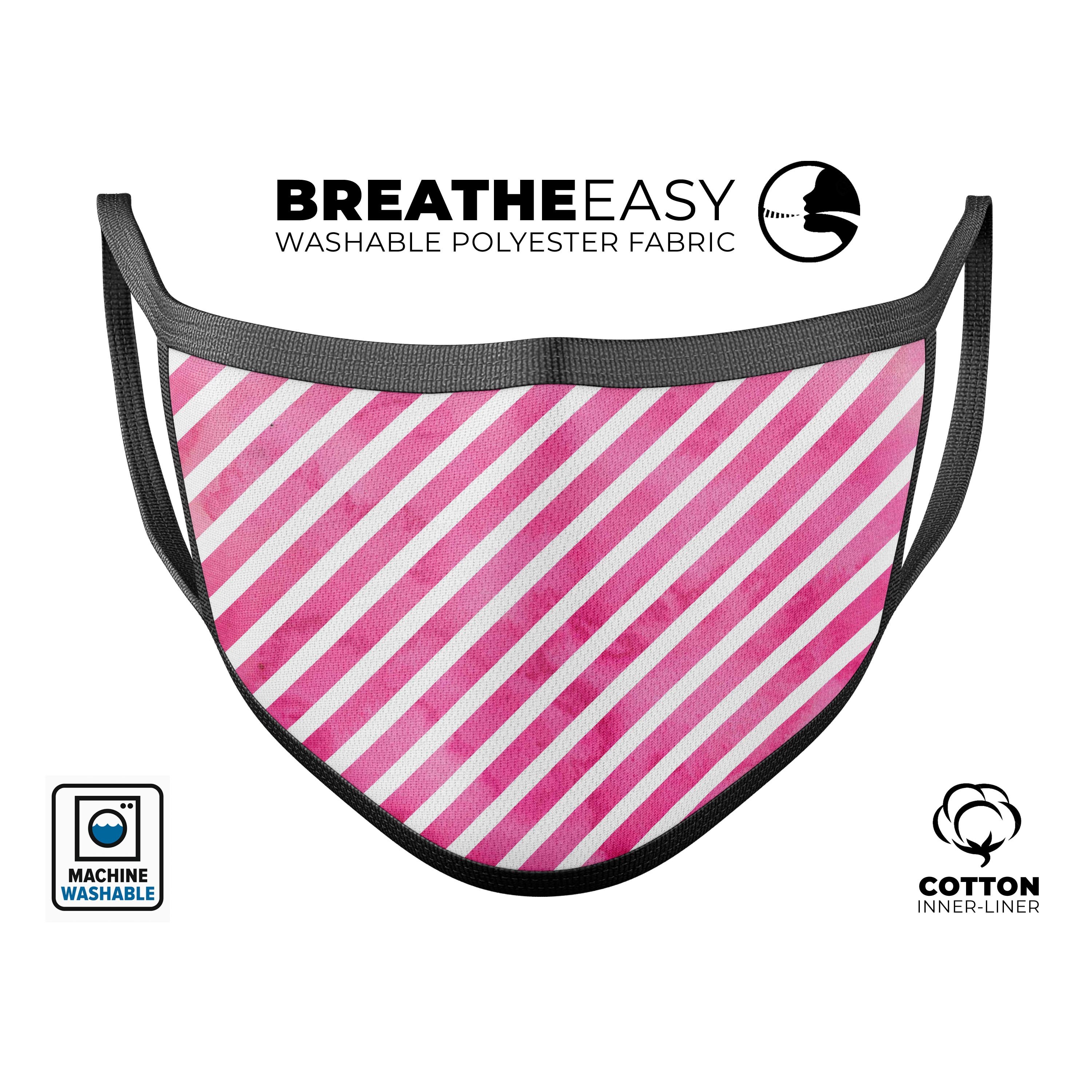 A vibrant pink watercolor grunge face mask with slanted stripes, showcasing a stylish design suitable for everyday use.