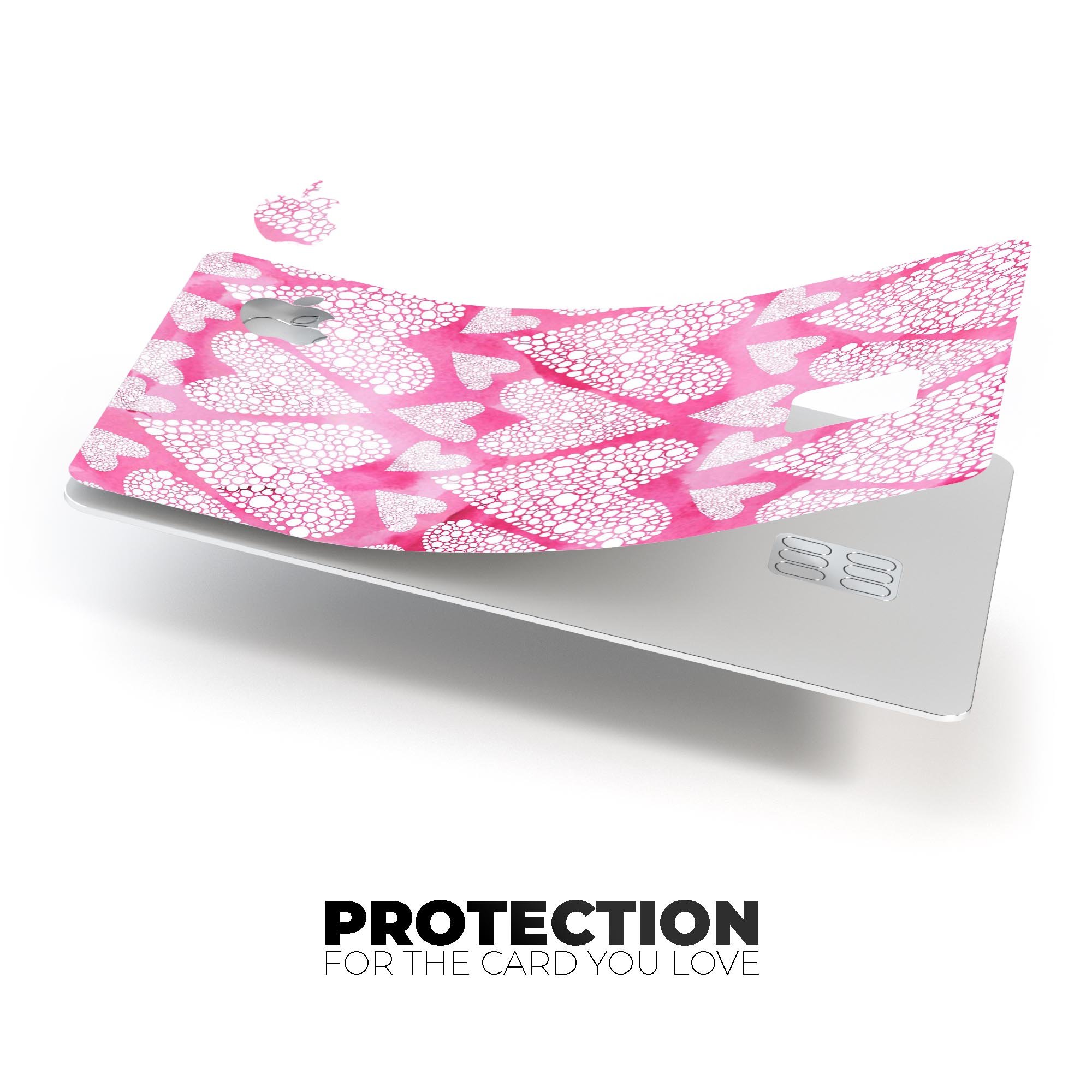 The Pink Watercolor Mosaic Hearts decal skin for Apple Card, showcasing vibrant heart patterns on a protective vinyl layer.