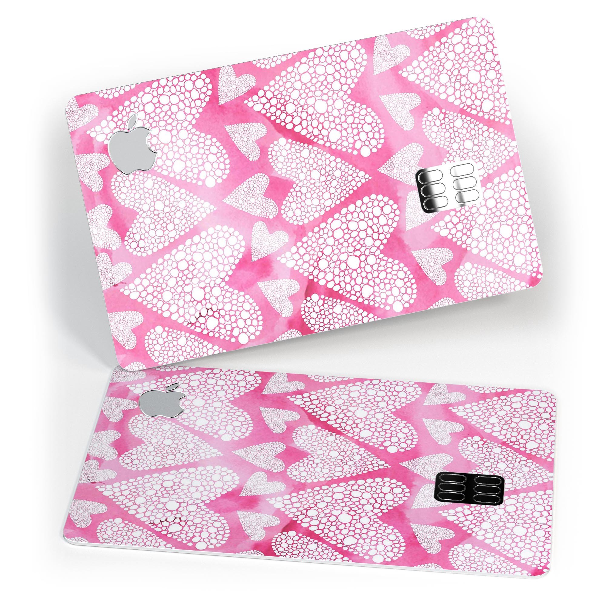 The Pink Watercolor Mosaic Hearts decal skin for Apple Card, showcasing vibrant heart patterns on a protective vinyl layer.