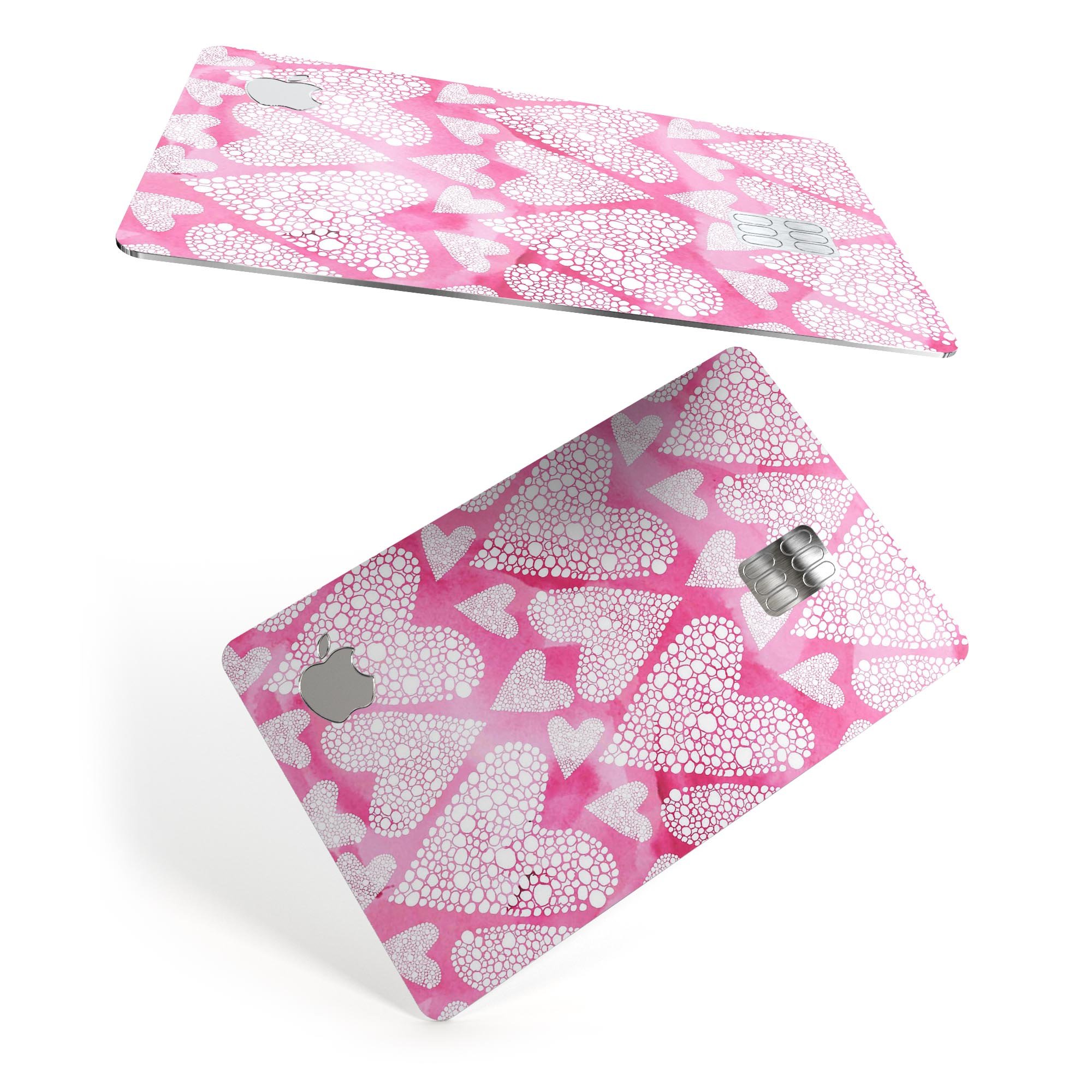 The Pink Watercolor Mosaic Hearts decal skin for Apple Card, showcasing vibrant heart patterns on a protective vinyl layer.