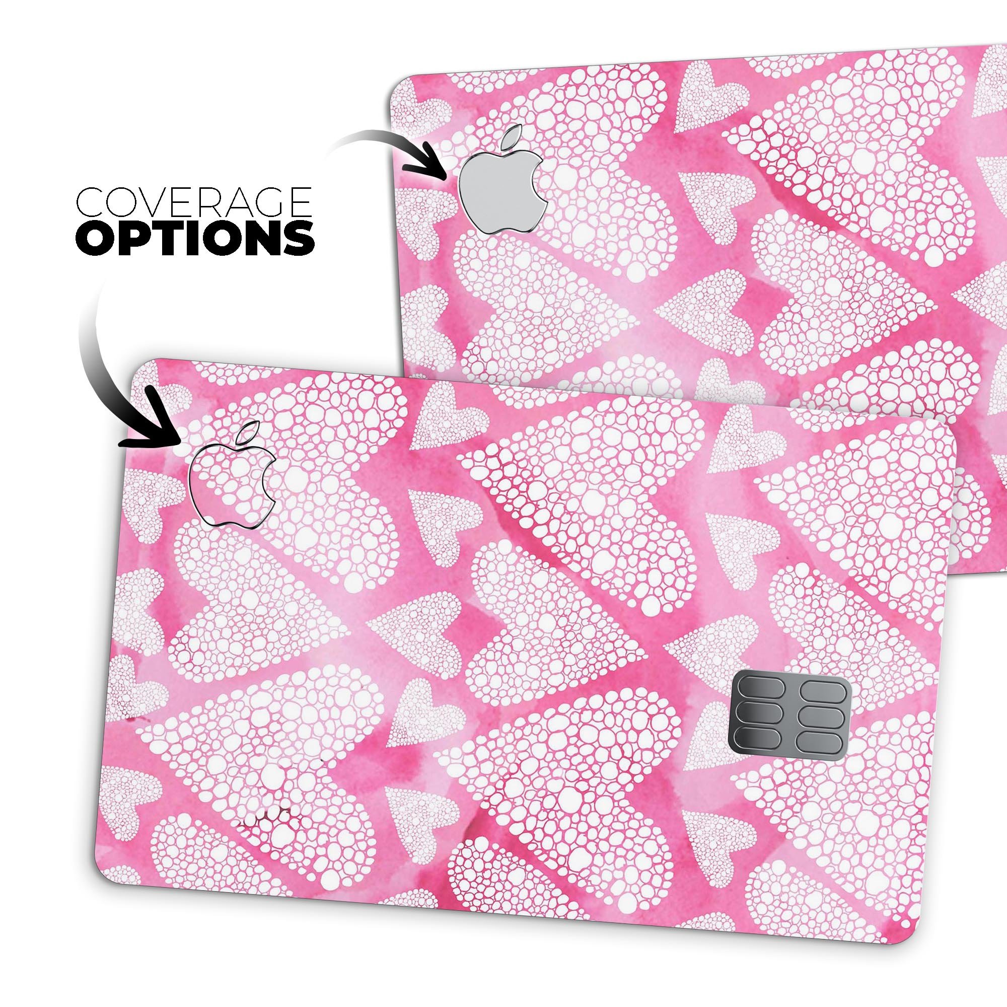 The Pink Watercolor Mosaic Hearts decal skin for Apple Card, showcasing vibrant heart patterns on a protective vinyl layer.