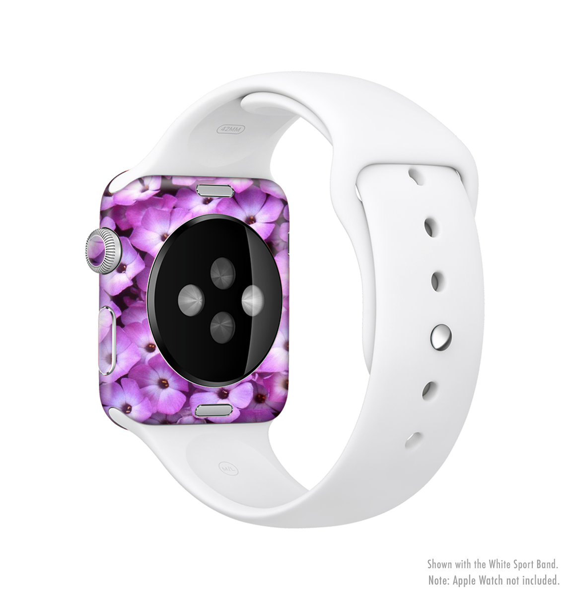 The Purple Flowers Full-Body Skin Kit for Apple Watch featuring a vibrant floral design, showcasing its protective vinyl material.