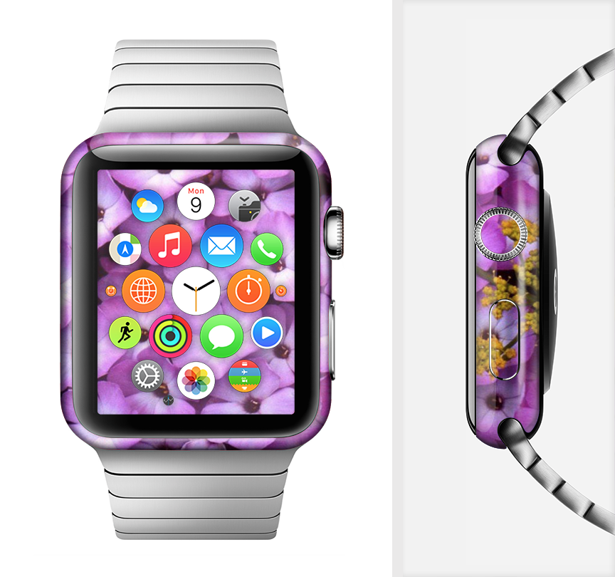 The Purple Flowers Full-Body Skin Kit for Apple Watch featuring a vibrant floral design, showcasing its protective vinyl material.