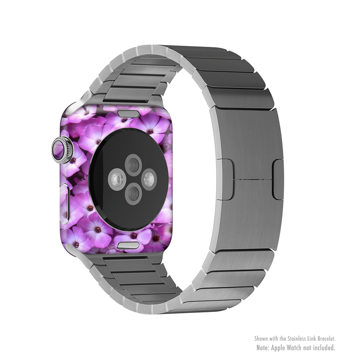The Purple Flowers Full-Body Skin Kit for Apple Watch featuring a vibrant floral design, showcasing its protective vinyl material.