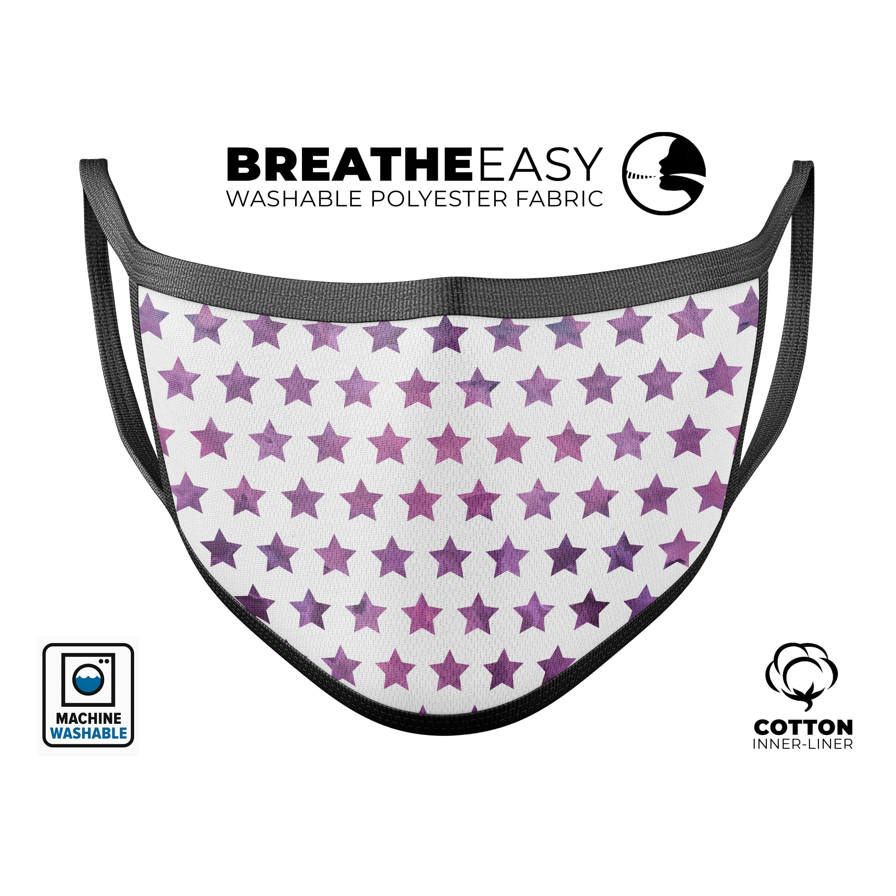 Purple Grunge All Over Stars mouth cover featuring a vibrant star pattern, adjustable ear loops, and a soft cotton interior.
