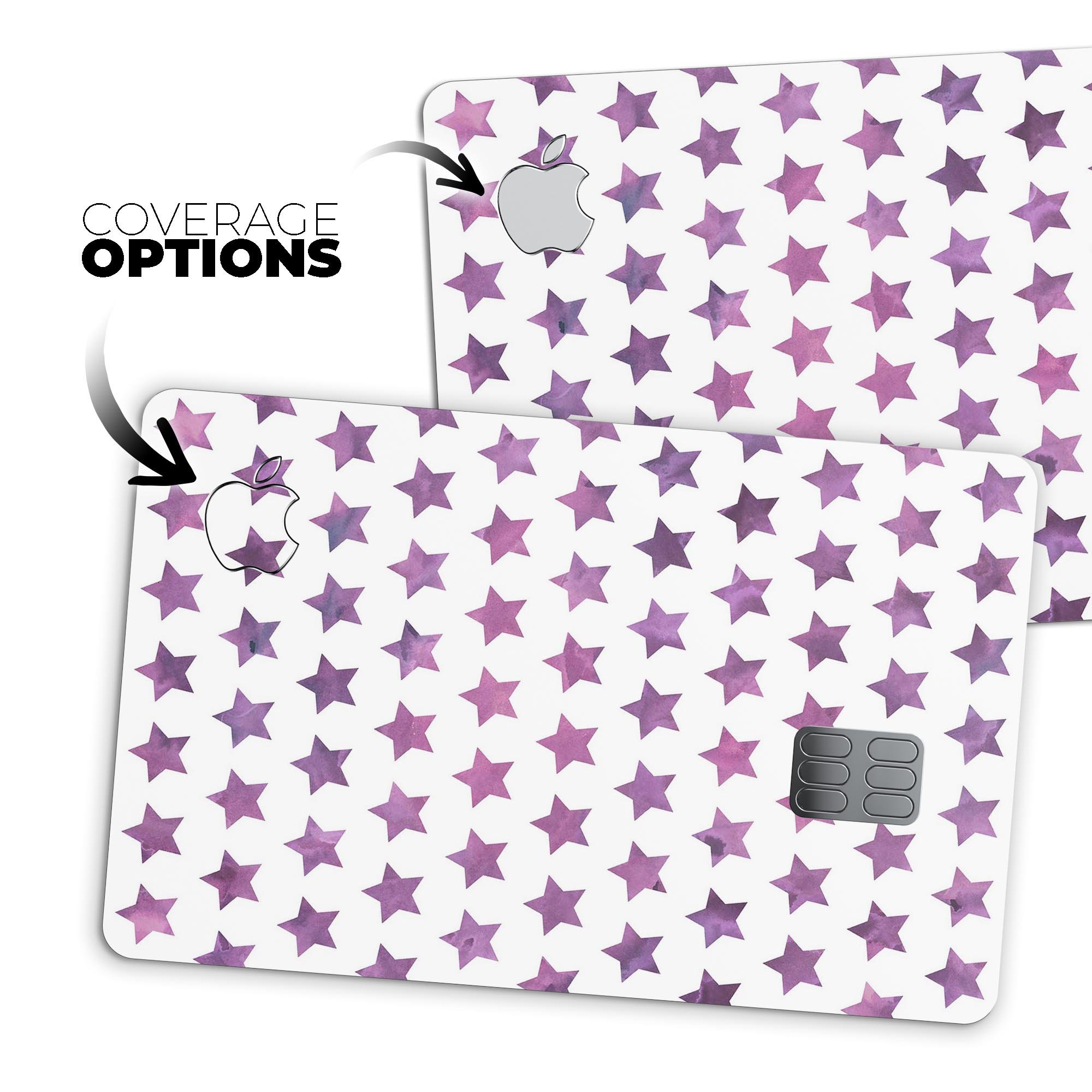 The Purple Grunge All Over Stars decal skin for Apple Card, showcasing a vibrant star pattern on a premium vinyl material.