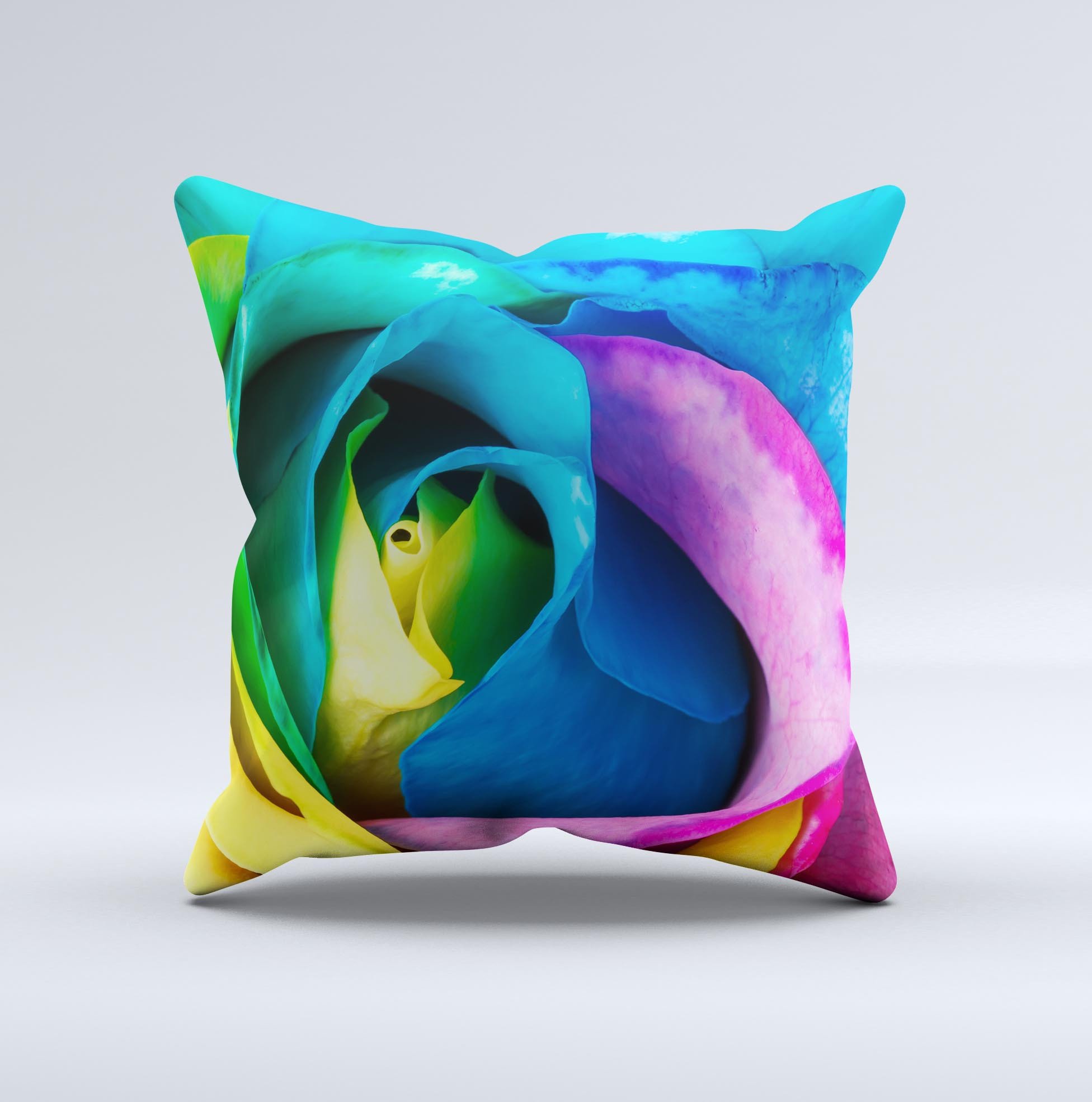 A vibrant Rainbow Dyed Rose decorative throw pillow featuring a colorful rose design, handcrafted in Virginia with high-quality materials.