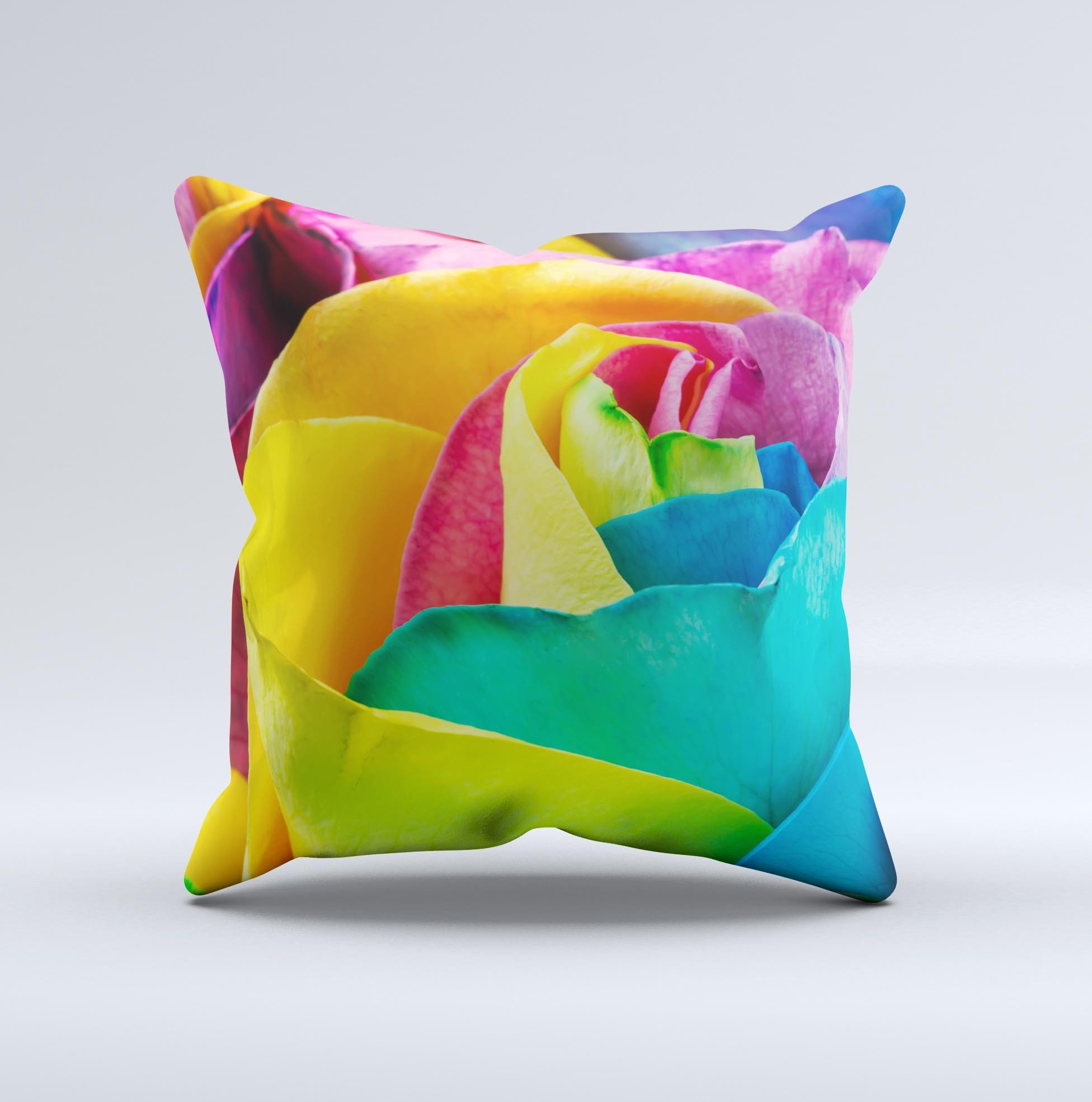 A vibrant Rainbow Dyed Rose V4 ink-Fuzed Decorative Throw Pillow showcasing a unique, colorful design, handcrafted in Virginia.