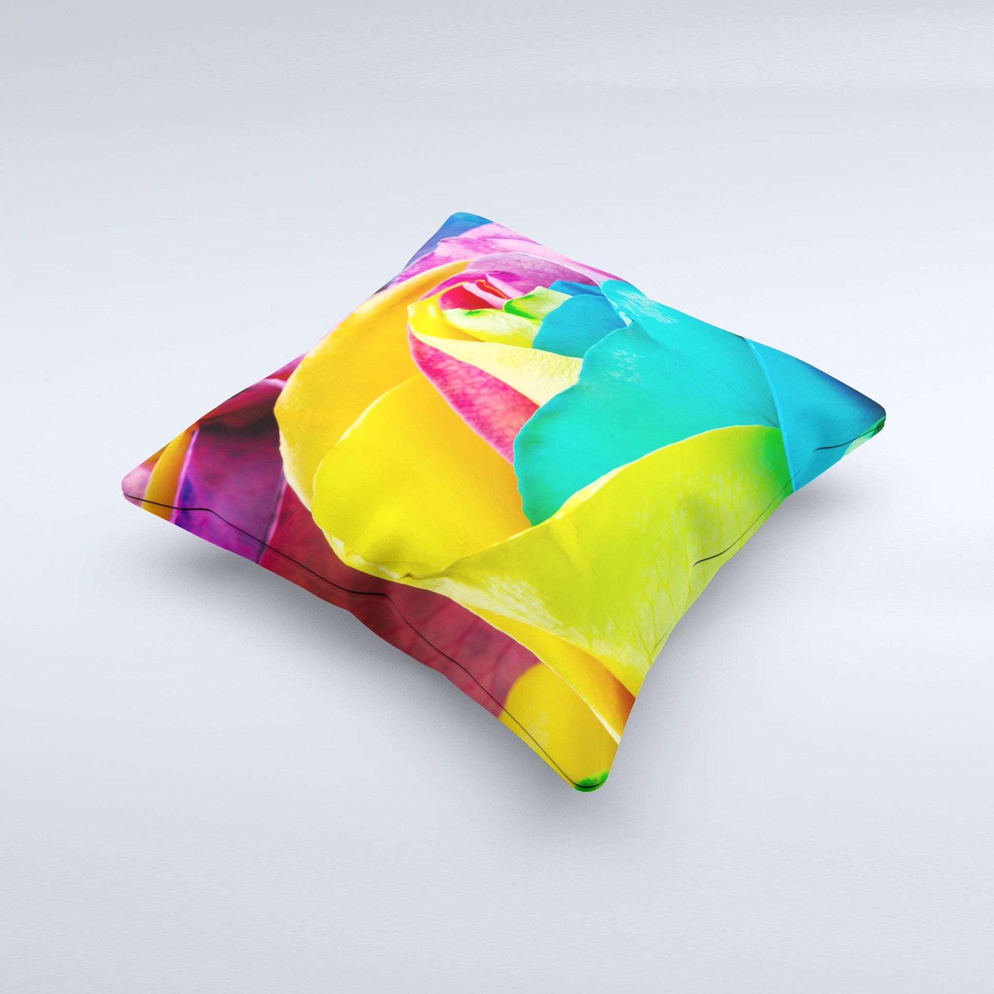 A vibrant Rainbow Dyed Rose V4 ink-Fuzed Decorative Throw Pillow showcasing a unique, colorful design, handcrafted in Virginia.