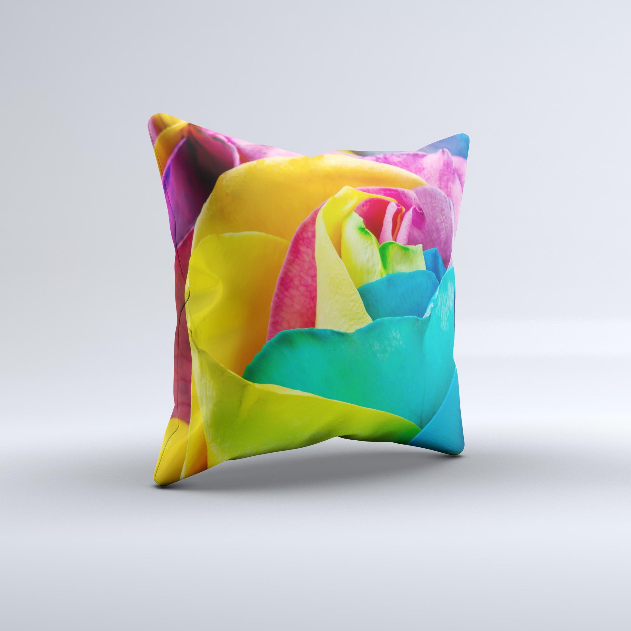 A vibrant Rainbow Dyed Rose V4 ink-Fuzed Decorative Throw Pillow showcasing a unique, colorful design, handcrafted in Virginia.